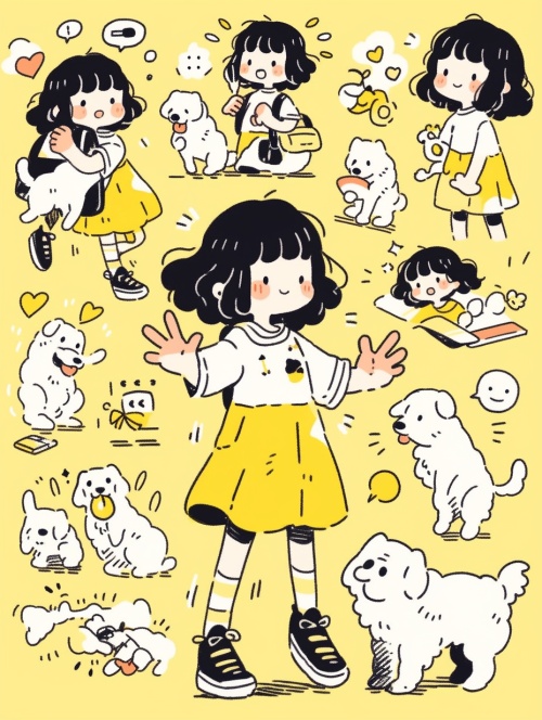 A cute cartoon girl in a dress holding a white dog, full body, yellow background, Keith Haring style doodle, sharpie illustration, bold lines and solid colors, simple details, minimalism, yellow background