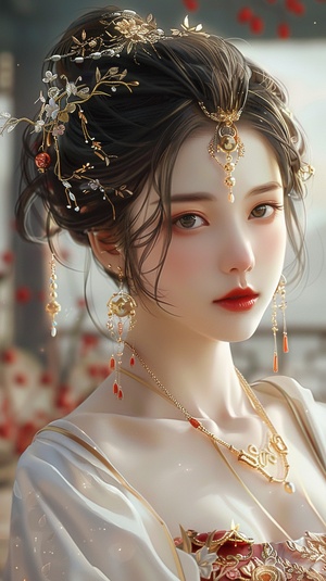 Ancient costume beautiful woman in the style of Chinese style, gold jewelry earrings and necklace with long hair in an updo hairstyle, white dress decorated with red flowers, exquisite facial features, bright eyes, perfect face details, perfect figure, delicate skin texture, red lips, blurred background of a Chinese palace hall, fairyland atmosphere, anime illustration style, high definition photography, super detailed.