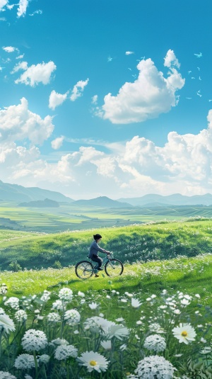 一半画面一个男人骑着自行车在开满鲜花的绿色草原，画面一半天空蓝天白云
