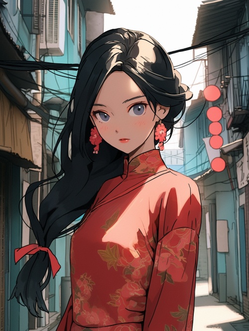 一个漂亮的中国女孩，大眼睛，黑色长头发，漫步在大街上，漫画风格