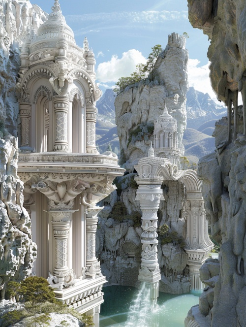 3D卷轴 有雕刻的宫殿 宫殿旁有山有水