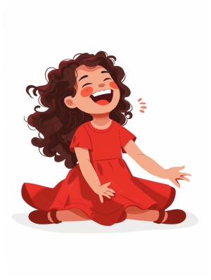 一个可爱活泼的小女孩，穿着红色衣服，满头卷发，仰头开心大笑，背景纯白
