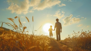 父亲、儿子、户外、牵手、笑容、温暖、亲情、天空、草地、阳光、快乐、家庭、幸福、相伴、成长。