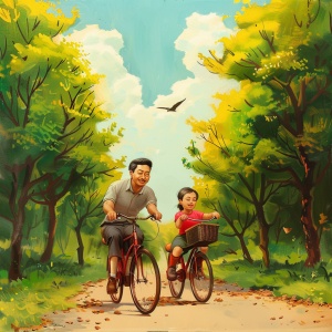 父亲骑自行车带着女儿，开心的在小路上骑行