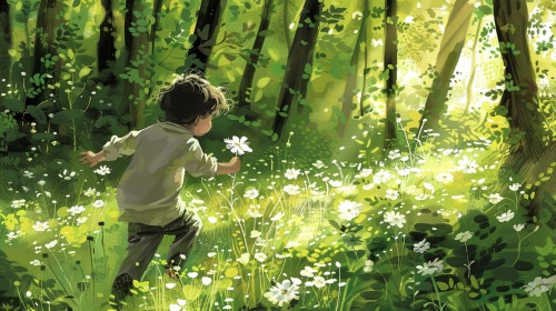 翠绿的树林，阳光透过浓密的树叶洒在一个快乐的孩子身上，孩子手中拿着漂亮的小野花，在欢乐中奔跑嬉戏。