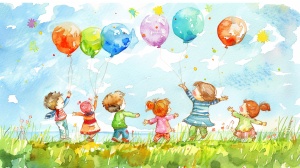 欢快玩耍，漫步，纯真童趣，湖水碧绿，草地绵软，微风拂面，阳光明眸，乐观快乐，笑容灿烂，挥舞着彩色气球，天空湛蓝，白云朵朵，快乐时光，尽情享受。
