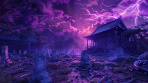 紫色闪电下的废墟与木屋