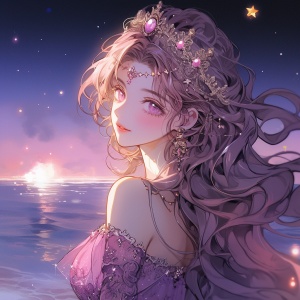 性感妩媚公主，漂亮大眼睛，夜晚海边，星空，紫粉色，金色，甜美微笑，皮肤白皙