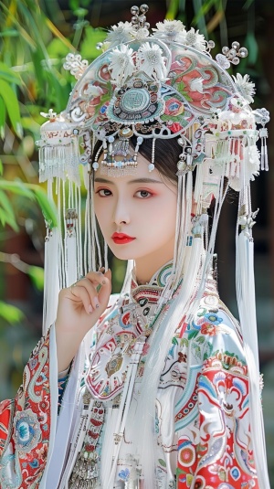 一个中国面孔的美女；穿着特有的民族服饰；头上有民族特有饰品