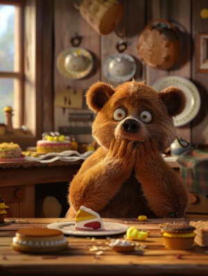 在森林小屋里，一只可爱的小熊坐在餐桌前，捂着腮帮，表情痛苦，周围是散落的蛋糕 3D皮克斯卡通风格