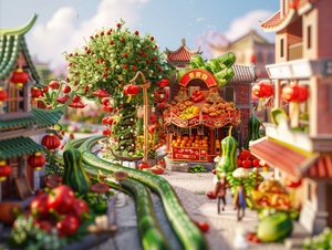 Miniature landscape, town composed of vegetables, shop made of big red pepper, carousel made of mushroom, tree made of western blue flower, road made of cucumber slices, pedestrians walking on the road, c4d, oc rendering, virtual engine, HD 8k