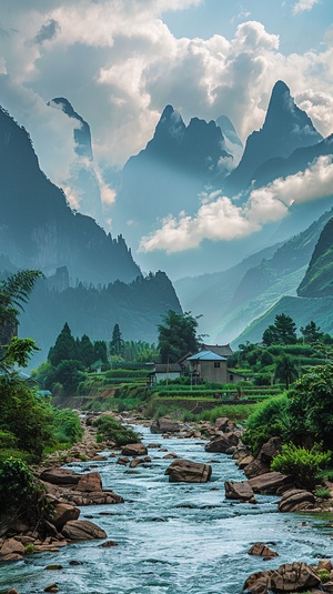 山水如画的美，白云飘逸，阳光洒向山间，泉水流敞，绝美的风景，旅游的好地方。