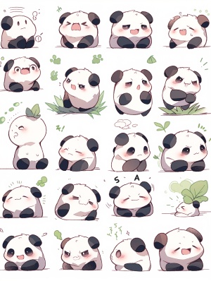 大熊猫二次元表情包，16个不同的表情，拟人化，白色背景