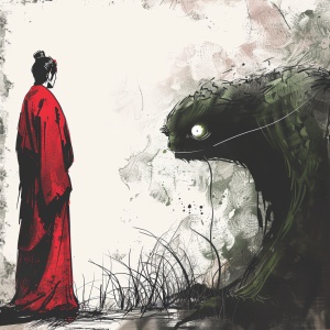 一个男子，身穿长袍红衣，背后有一个绿色眼睛的怪物在盯着他，水墨风格
