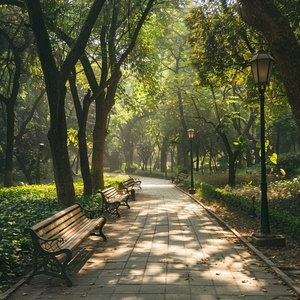 A serene park pathway lined with benches and lamp posts, surrounded by lush green trees with sunlight filtering through the canopy, creating a comfortable and peaceful atmosphere, shot in a centered mid-long shot, in a realistic style with soft lighting v 5 ar3:4q 2