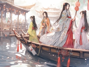 古代船坊，有4个身穿华丽汉服的人站在船上，泛舟，高清