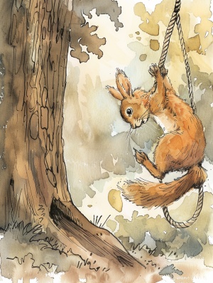 聪明的小松鼠没有放弃，它又跑回自己的树洞里，拿出了平时储存的绳子。它把绳子的一头系在一棵大树上，然后拿着另一头小心翼翼地放进陷阱里。小兔子紧紧抓住绳子，小松鼠用尽力气把小兔子拉了上来。