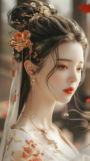 Ancient costume beautiful woman in the style of Chinese style, gold jewelry earrings and necklace with long hair in an updo hairstyle, white dress decorated with red flowers, exquisite facial features, bright eyes, perfect face details, perfect figure, delicate skin texture, red lips, blurred background of a Chinese palace hall, fairyland atmosphere, anime illustration style, high definition photography, super detailed.