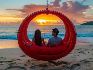在海滩边一对情侣坐在一张红色爱心双人秋千椅上，可以360度旋转的。坐上去很舒服软软的靠背是爱心。座椅也是凹陷进去的软软的爱心，非常漂亮。日落时分，夕阳正好。高清人像艺术摄影