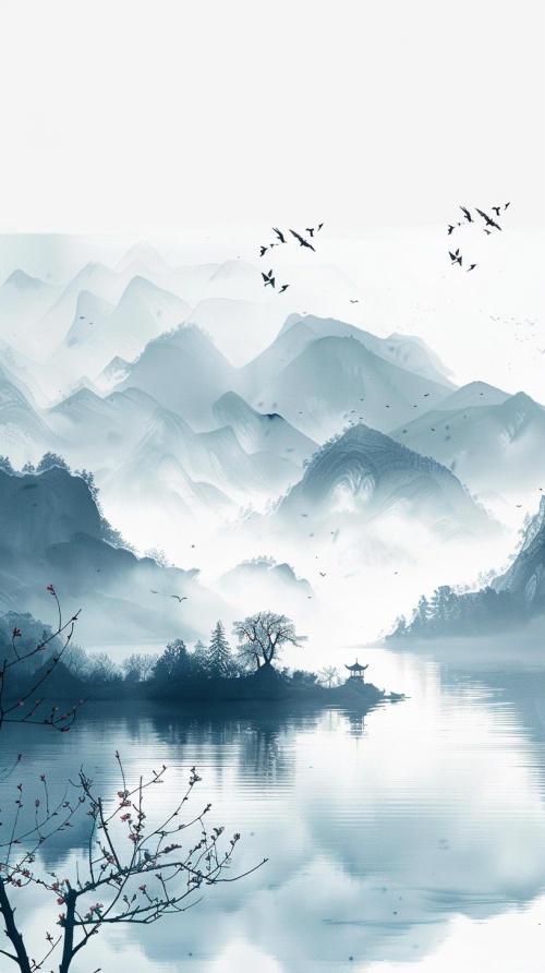 有山有水，朦胧感，水流宽广，有飞鸟，有云雾