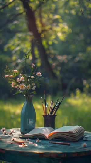 一个小桌子，桌上有一个花瓶，花瓶里插着花，花瓶的旁边是一个笔筒，笔筒里放有几支毛笔，桌前还有一本打开着的书本，书上有少量花瓣，照片风格禅意风，户外拍摄，全景，高清摄影，细节丰富，绿意背景虚化