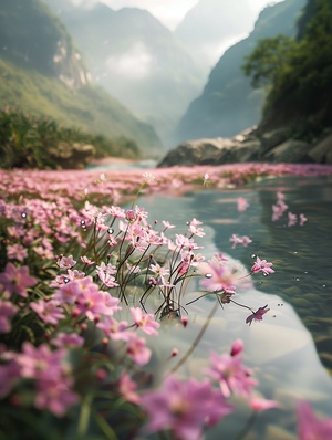 崇山峻岭间，清澈溪流潺潺，水花轻抚着岸边绽放的野花。繁花似锦，以柔和的桃红和雅致的玉白交织，倒映在宁静的水面，宛如一幅用水墨晕染的国画。摄影师从低角度捕捉这瞬间，光与影在花瓣上微妙舞蹈，赋予画面一种宁静而深邃的意境，如梦似幻，尽显自然之美。