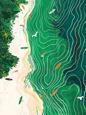 几个女孩在绿色的海滩上冲浪，夏季的景象是两边巨大的白色线形海滩，波浪式线形的彩色线，天空中又飞翔的海鸥，插画师用彩色线条绘制的平面样式，以绿色为主要颜色，构图视角师一种鸟瞰式的视角，以梵高绘图的风格从天空往下看，64K第三章第四节第1000-第六节