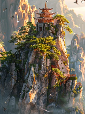 A tall mountain with an ancient temple on the top