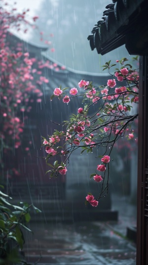 this beautiful branches, light mist, white and white, rainy night, flowers, green leaves, ancient chinese houses, an old tree full of pink crabapple flowers, ancient architectural background, with clear pink crabapple flowers, peace, beauty, high detail, soft moonlight, soft colors, soft light, 8k, oriental aesthetics, beauty of light and shadow, deep detail, clear level of detail, high quality, nikon camera high definition shooting ar 9:16 stylize 200