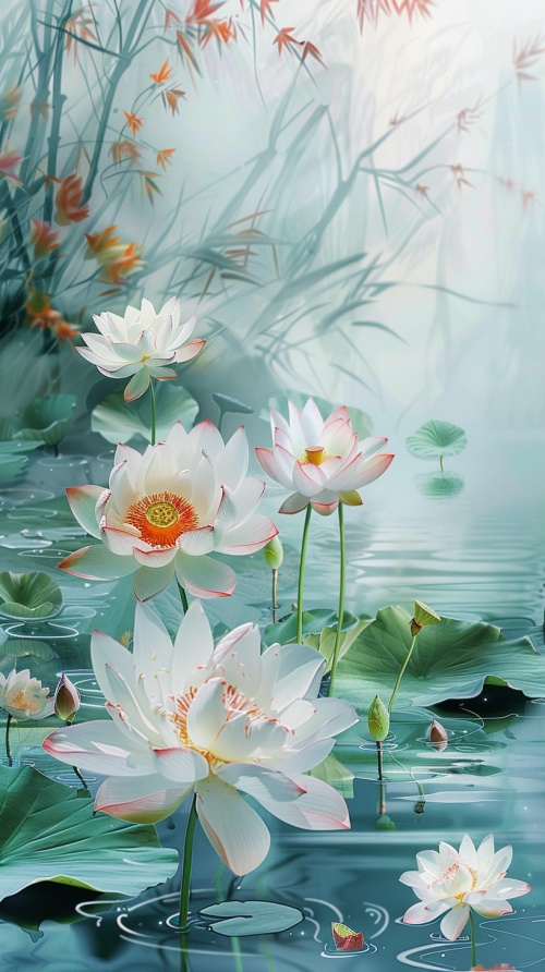 一幅宁静而空灵的莲花盛开的水面数字画作，背景是一片宁静的池塘，映照着每一朵花精致的花瓣和生动的色彩。这幅场景唤起了大自然美丽与宁静之间的和平和谐氛围，风格类似于日本艺术家的作品。小清新 大面积留白