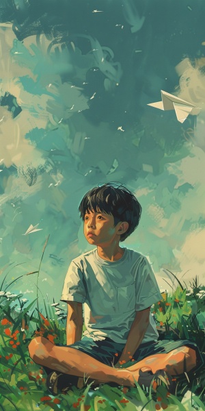 一个中国男孩，手拿着纸飞机，坐在草坪上，呆呆的望着远方