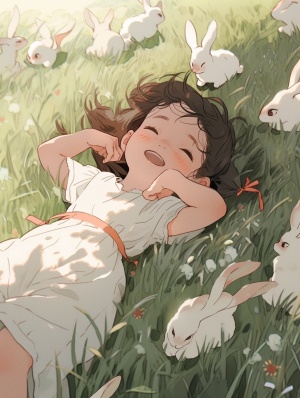 宫崎骏漫画风格，被风思念的夏天，一个小女孩，躺在草地上，微风吹过头发，青青的草地，一个可爱的小兔子在蹦蹦跳跳，