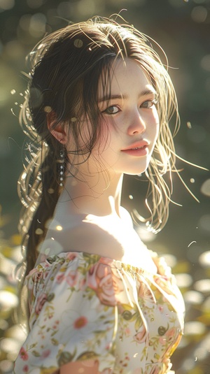 A cheerful and sweet woman, with a lovely oval face, a sunny aura, a smile, wearing a floral dress, bright sunlight, vivid light and shadow, delicate appearance, high-quality CG, movie-level picture quality, warm atmosphere, beautiful. Confidently looking towards the future, long hair, black eyes, expressive eyes, delicate nose, rosy lips, charming smile, front view, full-body portrait, high-quality CG, 8K resolution, clear and clean background.