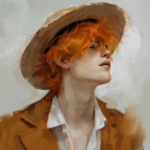 骨相男，橙红的发色，带草帽，面向图片右边，头照，传棕色外套，白色衬衫