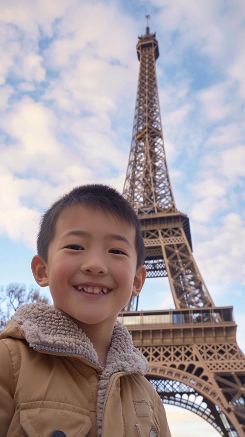 一个英俊的中国蒙古族男孩 在巴黎埃菲尔铁塔前 微笑高清 8k ar9：16 v 6 -iw-3