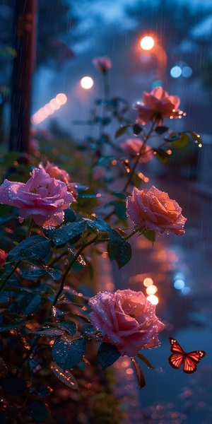 Urban night, rain-soaked roads, streetlights illuminated, a bunch of pink roses on a roadside bench, raindrops on the flowers, a butterfly perched on the flowers, a lonely and sad emotional atmosphere, wide-angle shooting, professional photography, 24k resolution, Canon lens,