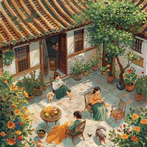 插画，小院里有很多花草树木，女孩子坐在椅子上看书，穿着长裙，小狗趴在地上，茶几上摆着水果和点心，瓦片屋顶上有小鸟