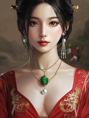 中国美女,黑发,身穿红色连衣裙,脖子上挂着金白色珠宝,胸前挂着一个绿色玉坠,戴着珍珠耳环,明亮的眼睛,椭圆的脸庞,简单的背景,卡通风格,油画效果,高清分辨率,古代中国服装,上半身特写,精致的面部特征,粉红的嘴唇。