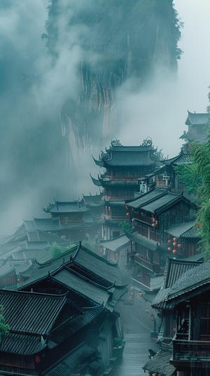 江南烟雨，梦里水乡，毛毛细雨，随风飘扬，背景悬崖，耍求真实