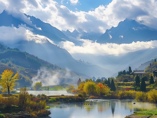 山水如画的美，白云飘逸，阳光洒向山间，泉水流敞，绝美的风景，旅游的好地方。