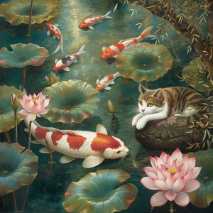 Three-flowered cat by lotus pond with koi fish