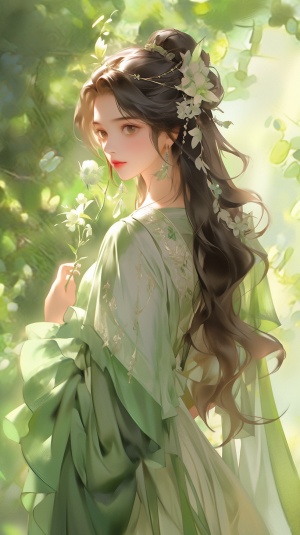 Q版，一位长发、佩戴耳环的美女，。身穿漂亮的雪纺裙，仙气飘飘，阳光照在身上,身后是绿色的花园，营造出温暖的氛围。她拥有白皙的皮肤,化着淡妆,散发出优雅的气质。细节清晰，高质量。