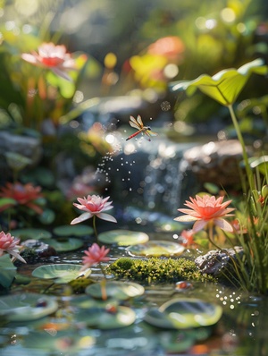 The whole scene, the small pool, the trickle, the shade, the new lotus and the dragonfly form a vibrant yet peaceful and harmonious picture. the sunlight spills, filling the entire scene with warmth and vitality.