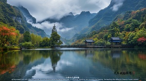 "Spring scenery, mountains and water in the background, clouds floating on top of them. Lake reflection in front of you, surrounded by green trees with colorful leaves. An ancient bridge stands between two mountain peaks, reflecting the beauty of autumn. A few red flowers blooming along the shore add color to the picture, beautiful scenery in the style of Shanxi and Guilin, Guangxi."