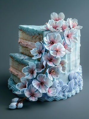 blue Sakura flower cake slice, ornate details, hyperrealistic