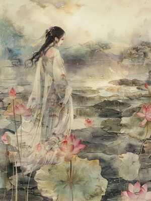 In the style of watercolor paints, Abundant girl, directional aesthetics, Dressed in acute Chinese cost, Lotus Pond, romantic fantasy, rearside view ，侧面照