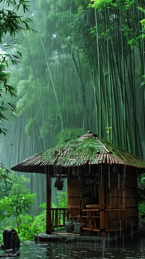 天空下着雨，竹林里，有个小草屋,可以喝茶，很舒服惬意，自然风景，很治愈，很有安全感。