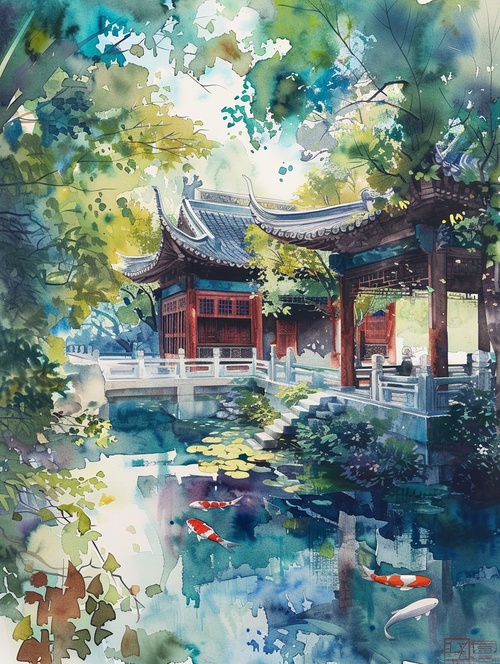 梦回江南：古风园林与水彩气泡的诗意旅🎨探索不一样的中国风情，一段水墨与水彩的美丽邂逅！🏮在这里，古典的亭台楼阁与梦幻的水彩气泡相遇，构筑出一幅幅如诗如画的江南美景。🌉每一帧，都是高清细节下的中国式园林美学，每一滴，都蕴含着梦幻色彩的水彩气泡。🌳从竹林深处的静谧氛围，到荷花池波光粼粼的清新夏日；从古风园林小径的诗意栖居，到锦鲤在水中游弋的动静结合；每一处，都是一次光影交错的美学体验。💫📚不仅如此，书院门前的古树、亭中观雨的幽静雅致，以及花园中的石桌石凳，都在绚烂的水彩气泡中展现出别样的文化气息和闲适午后。高清画质，清晰度高，细致描绘每一个细节。