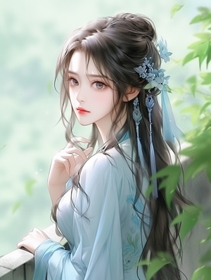 ，中国人，美女，少许发饰，精致美丽的五官，，长发，飘逸感：，古风，水蓝色衣服，长发齐腰，，落落大方)，园林内的模糊背景，漂亮的眼睛，高清图，正面高清图