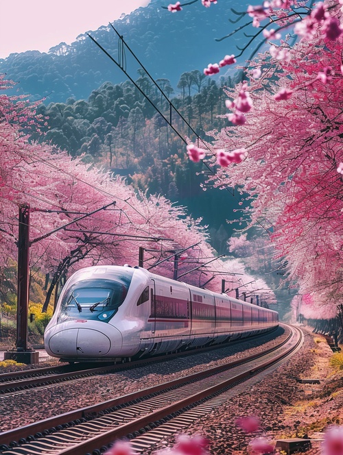 High speed rail, passing through cherry blossom bushes, cherry blossoms fluttering in the sky,beauty, 8K